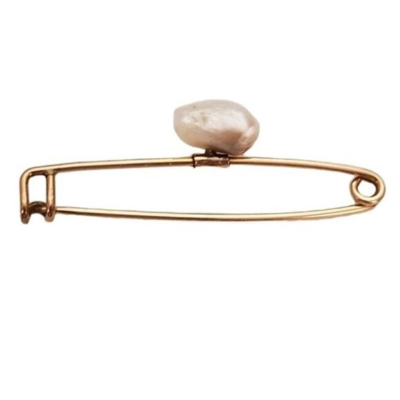 Gold Tone Baroque Chunky Pearl Safety Pin Brooch L59 - Picture 9 of 9